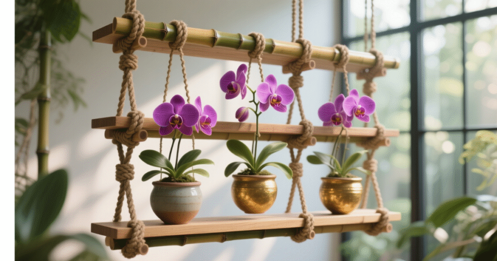 “Orquidário suspenso feito com bambu e cordas para vasos de orquídeas”