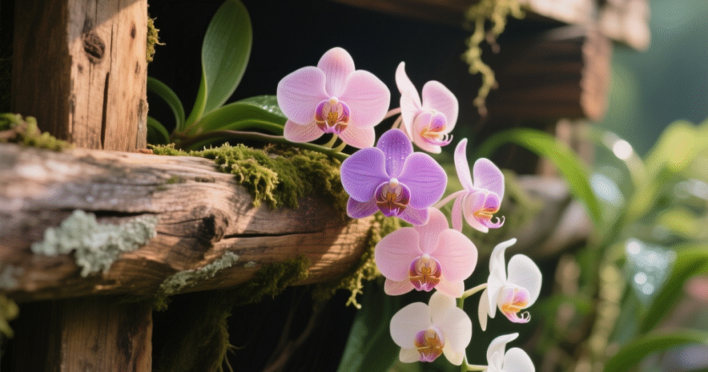 “Orquidário feito com paletes de madeira e prateleiras baratas.”