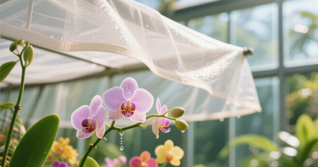 “Cobertura de sombrite para proteger orquídeas do sol forte”