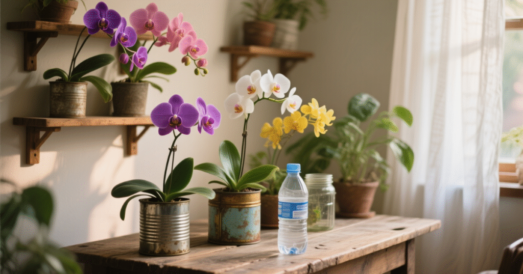 “Orquídeas plantadas em  latas recicladas”