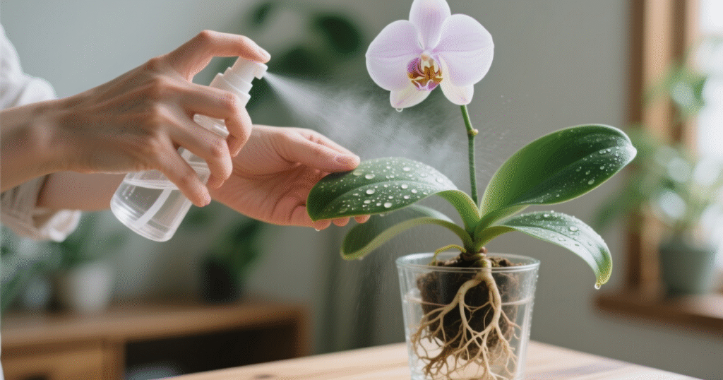 “Pessoa regando orquídea com borrifador de água.”