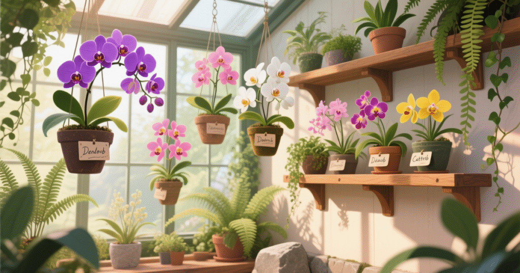 “Orquidário organizado com vasos pendurados e orquídeas identificadas com etiquetas.”