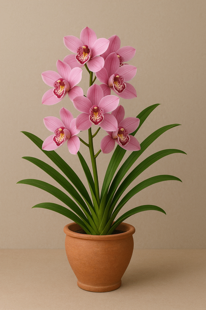 "Orquídea Cymbidium rosa em vaso de barro."