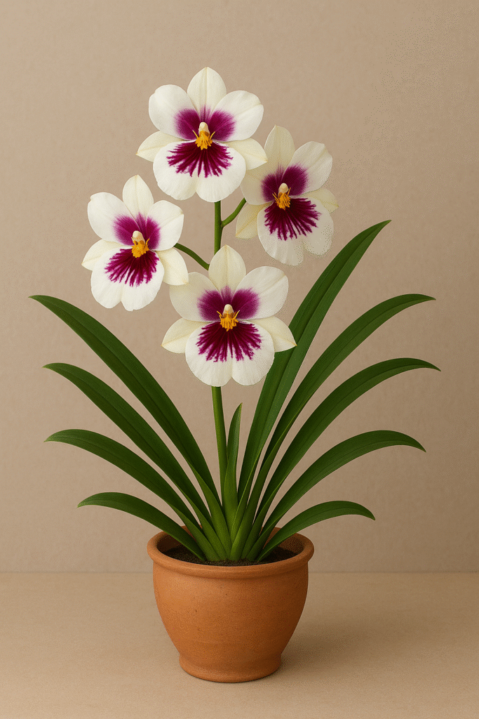 "Orquídea Miltonia branca e roxa com perfume suave."