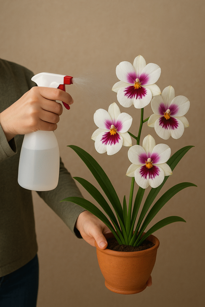 "Pessoa regando orquídea com borrifador."