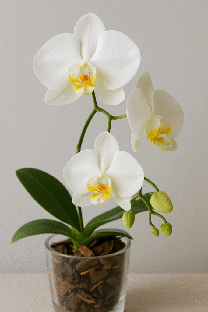 "Orquídea Phalaenopsis branca com centro amarelo em vaso de vidro."