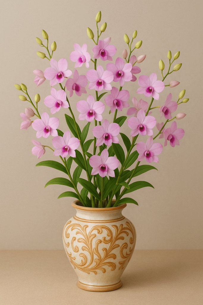 "Orquídea Dendrobium amarela em florada intensa."