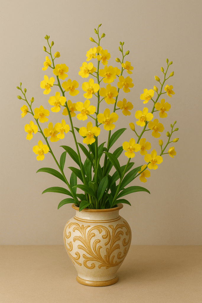 "Orquídea Oncidium amarela, conhecida como chuva de ouro."
